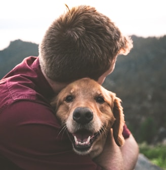 photo of man hugging tan dog