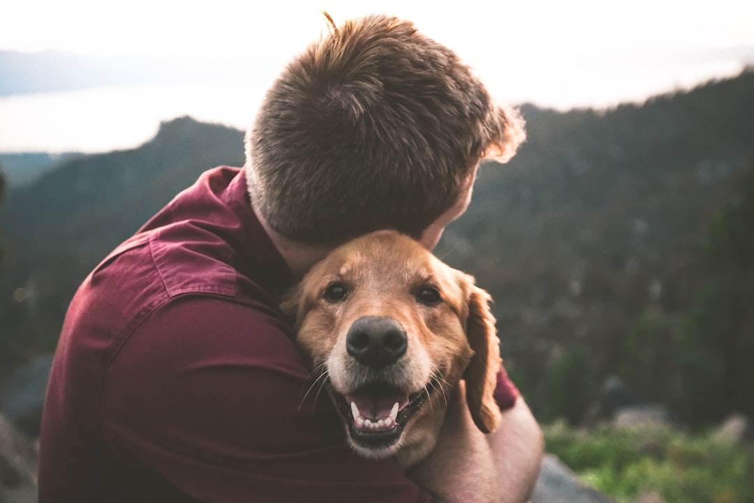 A dog looking happy smiling to the camera while being hugged by a man