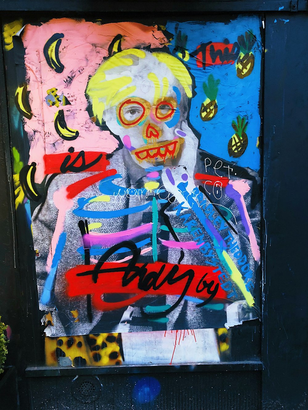 blue, red, and yellow multicolored skeleton painting