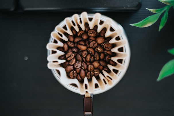 A top-down view of a coffee filter filled with dark roasted coffee beans. The filter is placed inside a dripper, surrounded by a few green leaves on a dark surface, creating a contrast between the coffee beans and the background, highlighting the texture of the beans and the filter.