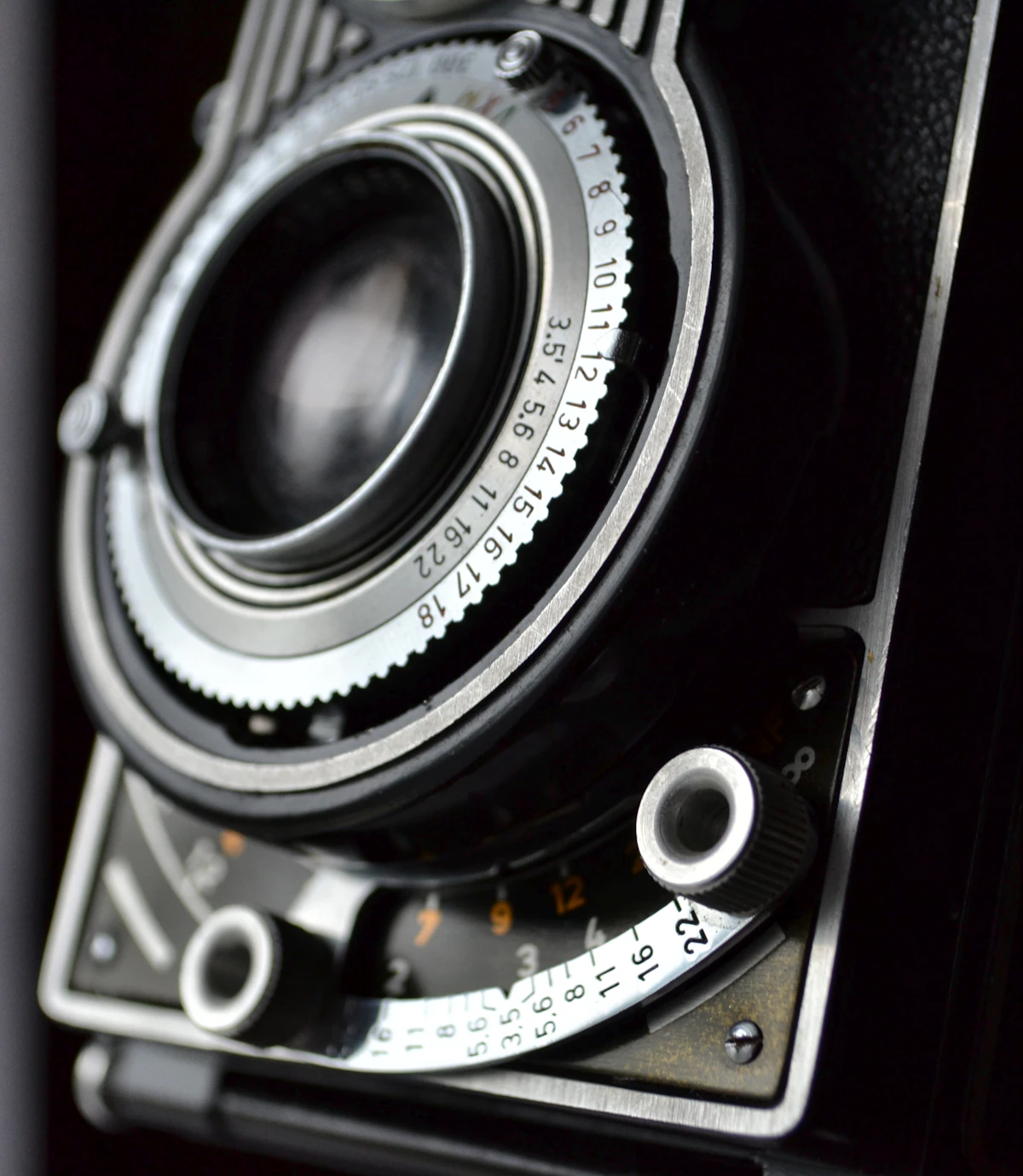 Close view of black and gray film camera