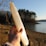 A hand holding a long, translucent crystal against the backdrop of a serene lake. The background shows a shoreline with sparse vegetation and a cluster of trees. The sunlight casts warm tones on the scene, highlighting the texture and clarity of the crystal.