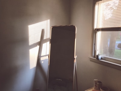 A serene morning scene with sunlight filtering through a window onto a plant and skincare bottles.