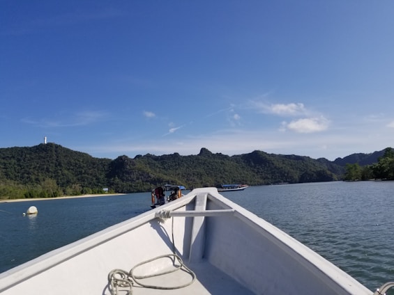 A scenic view of a boat gliding through calm waters with lush green hills in the background.
