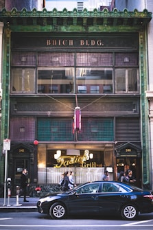 An urban street scene depicts a historic building with green accents and a sign that reads 'Buich Bldg.' Below, a restaurant named 'Tadich Grill' is illuminated with warm lighting. Several pedestrians are casually walking along the sidewalk, and a parked black car is visible in front of the building.