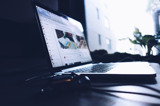 A laptop sits open on a desk with a webpage displayed on the screen. The room is dimly lit, allowing natural light to filter through a window beside some potted plants. The scene conveys a quiet work environment with a hint of greenery.