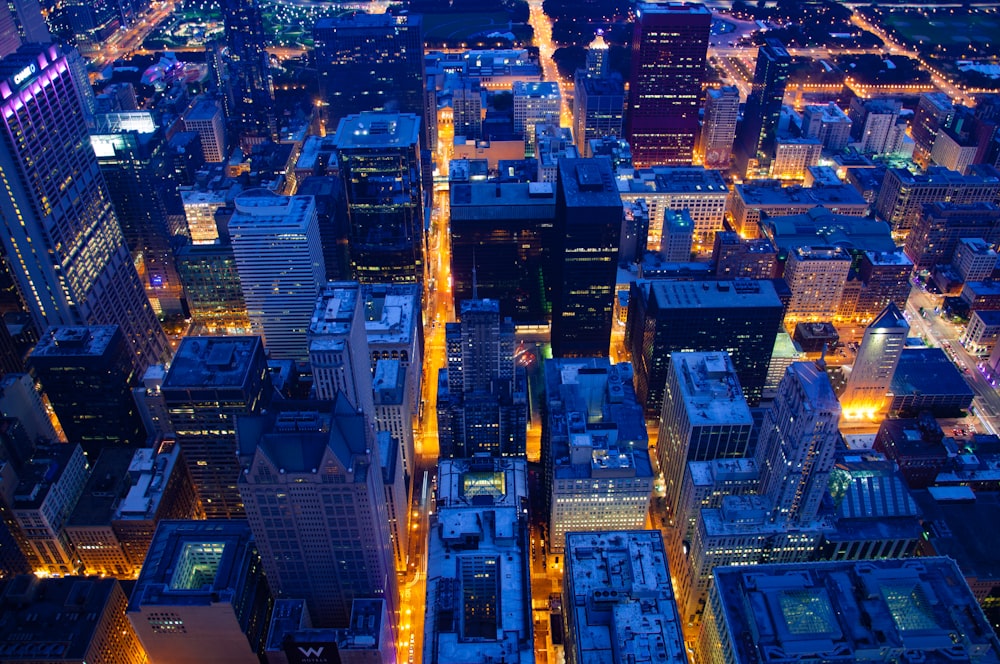 an aerial view of a city at night