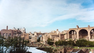 A panoramic view of ancient ruins in Syria under a bright blue sky.