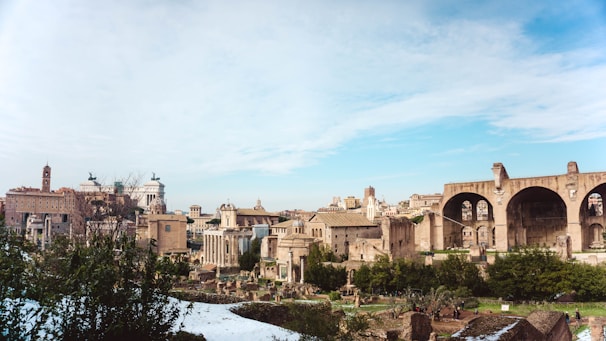 A panoramic view of ancient ruins in Syria under a bright blue sky.