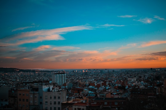 A vibrant drone shot capturing a bustling urban landscape at sunset.