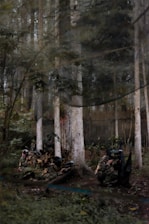 A group of people in camouflage gear and protective masks are engaged in a paintball game in a forested area. The surroundings are dense with tall trees and undergrowth, creating a natural environment suitable for the game.