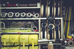 A showcase of various firefighting and safety equipment.