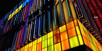 Bright and colorful outdoor signage and facade on a commercial building.