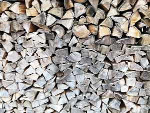 A tightly stacked pile of chopped firewood, with the cut ends of the logs facing outward. The wood varies in shades of brown and gray, with visible textures and grain patterns.