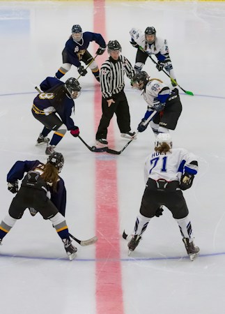 Young skaters lined up along the boards during a group hockey lesson