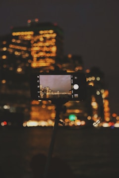 Nighttime cityscape captured by an AI camera with enhanced clarity.