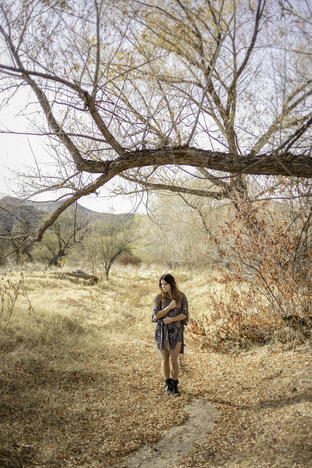 woman standing under bare tree during daytime