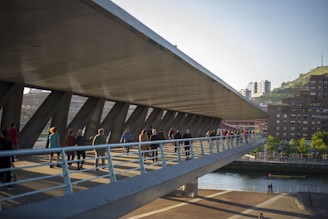 Image of a sleek pedestrian bridge spanning a small river with people walking and biking.