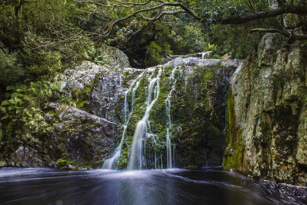 waterfall and mountain with trees