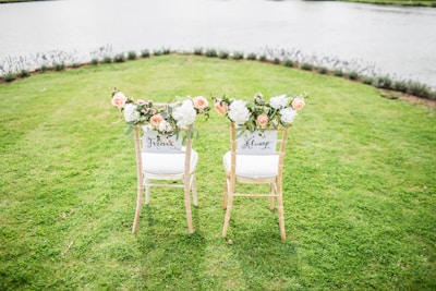 two decorative chairs on grass field near body of water