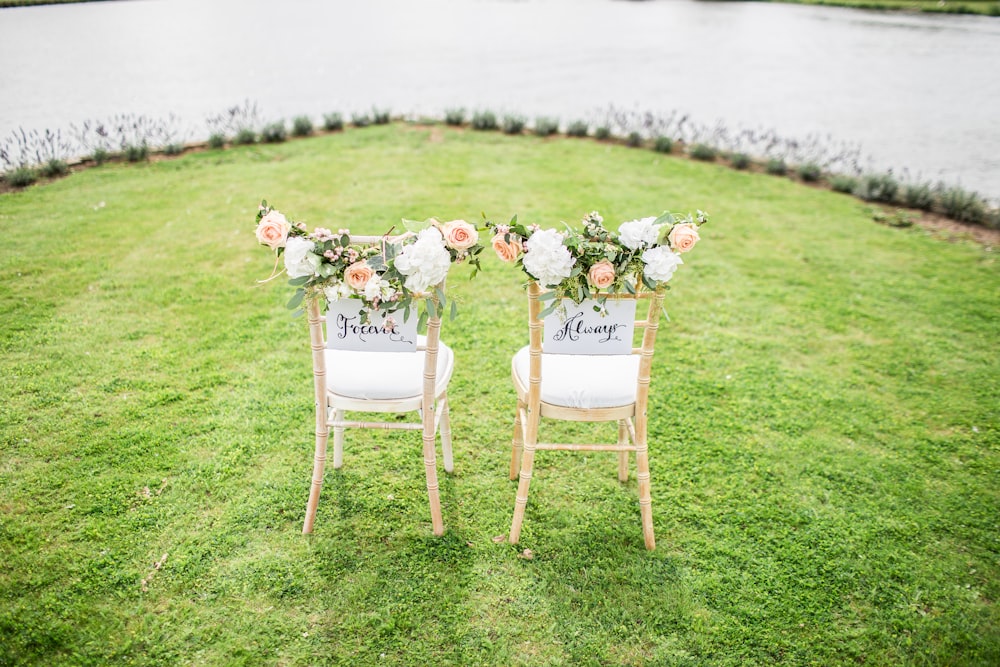 two decorative chairs on grass field near body of water