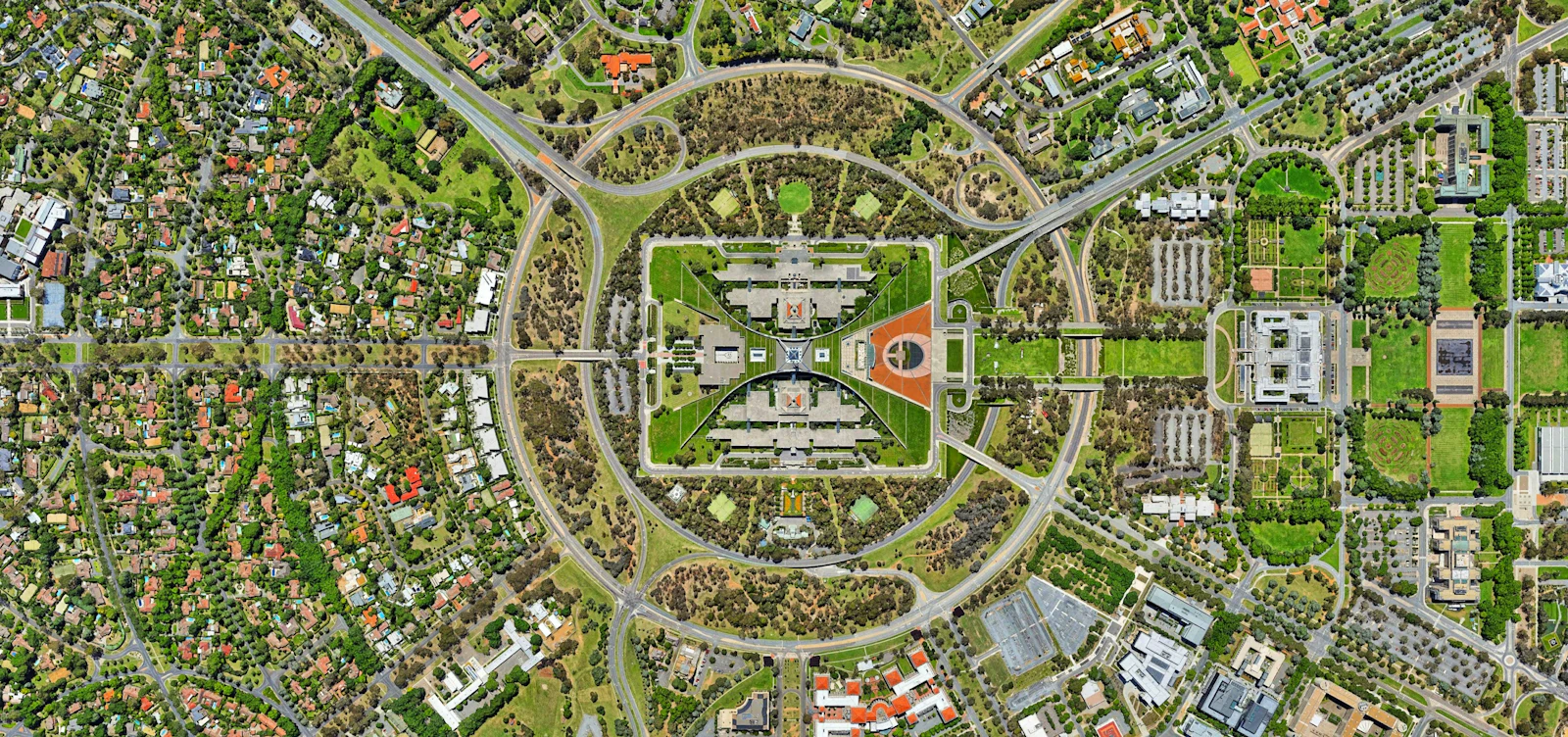 Aerial view of a planned neighbourhood with radial streets and green space