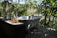 A vintage-style white bathtub is placed outdoors amidst lush greenery. The setting is peaceful and natural with sunlight filtering through the leaves. Two glass bottles with pump dispensers, one containing a yellowish liquid and the other a clear amber liquid, sit on a concrete ledge nearby.