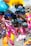 A cluster of colorful inflatable balloons, shaped like animals and cartoon characters, held together by strings. The background shows a street scene with buildings and people moving around.