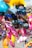 A cluster of colorful inflatable balloons, shaped like animals and cartoon characters, held together by strings. The background shows a street scene with buildings and people moving around.