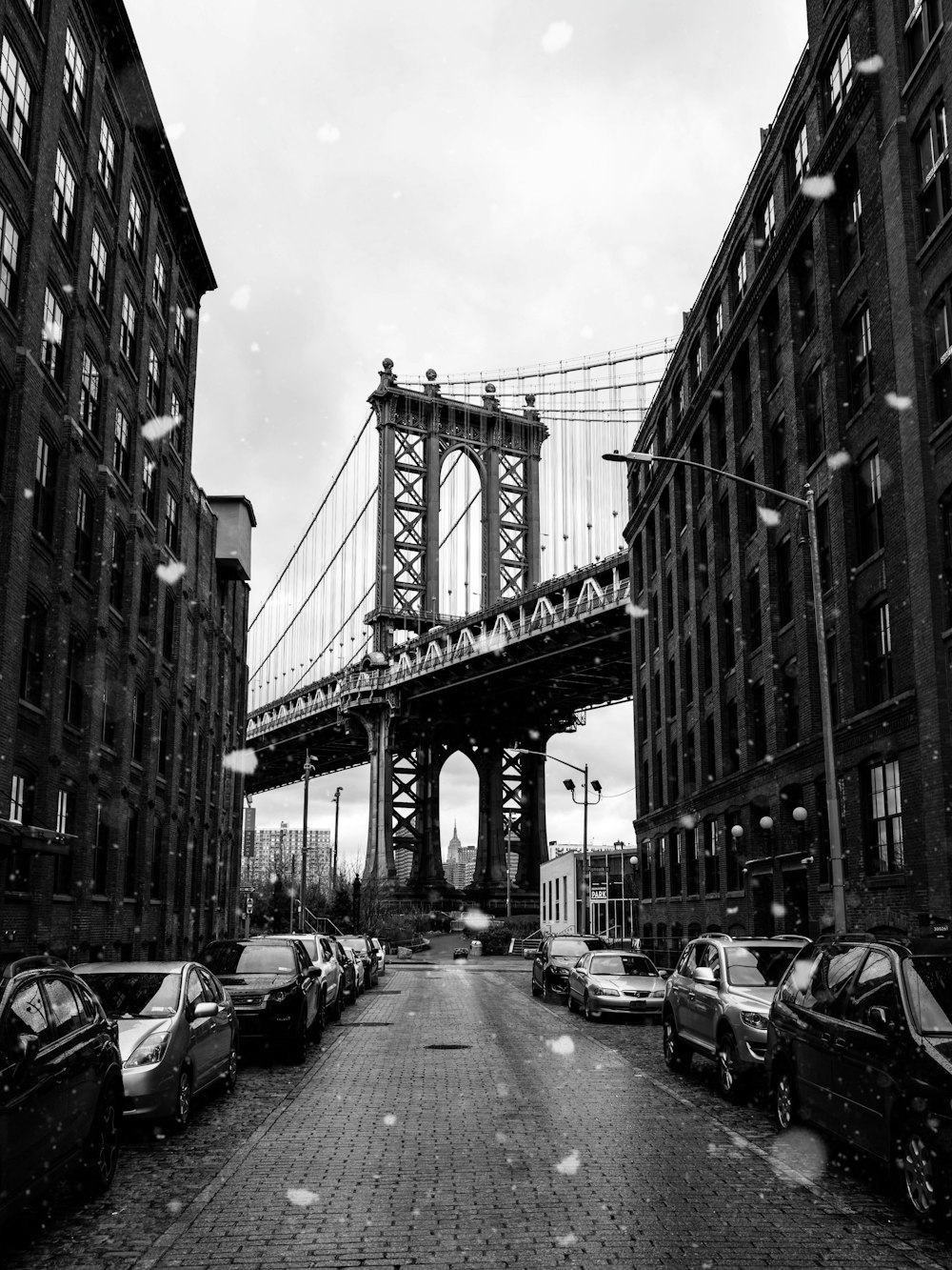grayscale photography of Brooklyn bridge