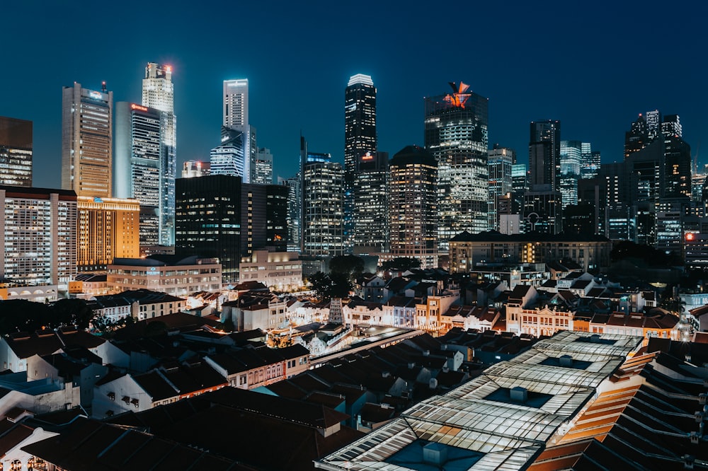 aerial view of city buildings at night time