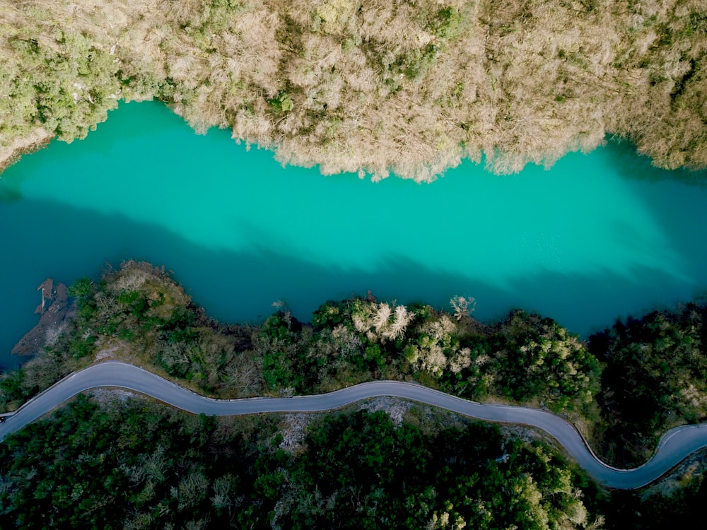 fografia aérea da estrada perto do rio e árvores de folhas verdes