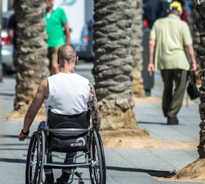 A person in a wheelchair is seen from behind on a paved sidewalk lined with palm trees. The person has a shaved head and is wearing a sleeveless white shirt, revealing a tattooed arm. Another person is walking ahead, wearing a light green shirt and dark pants.