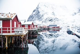 house on body of water near mountain alps