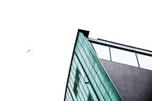 A modern, angular building with a glass facade is prominently featured against a stark white background. A single bird is flying in the sky, adding a small element of life to the composition. The building's geometric lines create a sense of sharpness and precision.