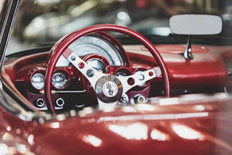 closeup photo vintage vehicle steering wheel