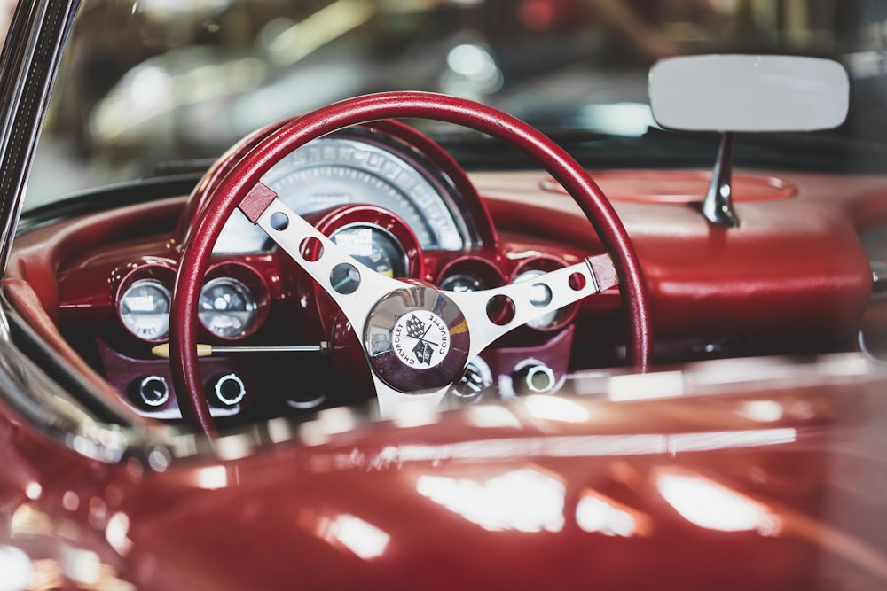 closeup photo vintage vehicle steering wheel