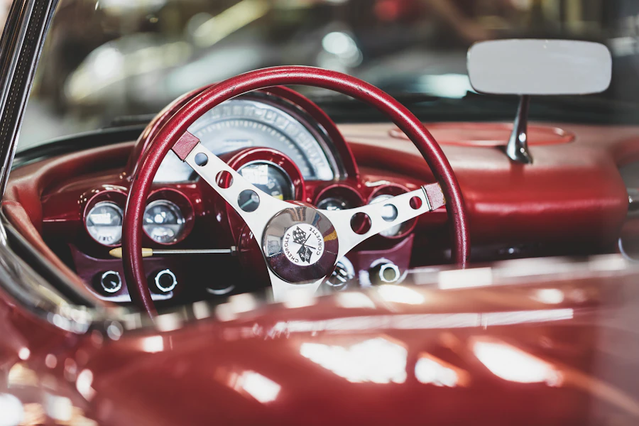 Close-up of a vintage vehicle's steering wheel