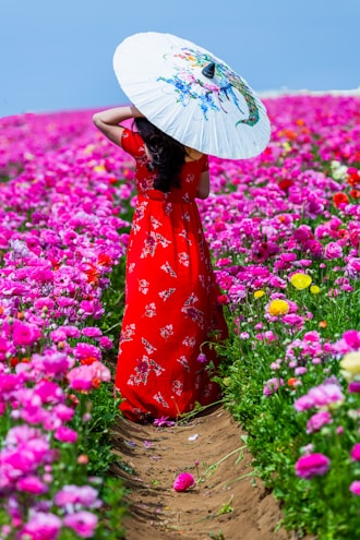 woman walking along aisle of flower field while using oil paper umbrella