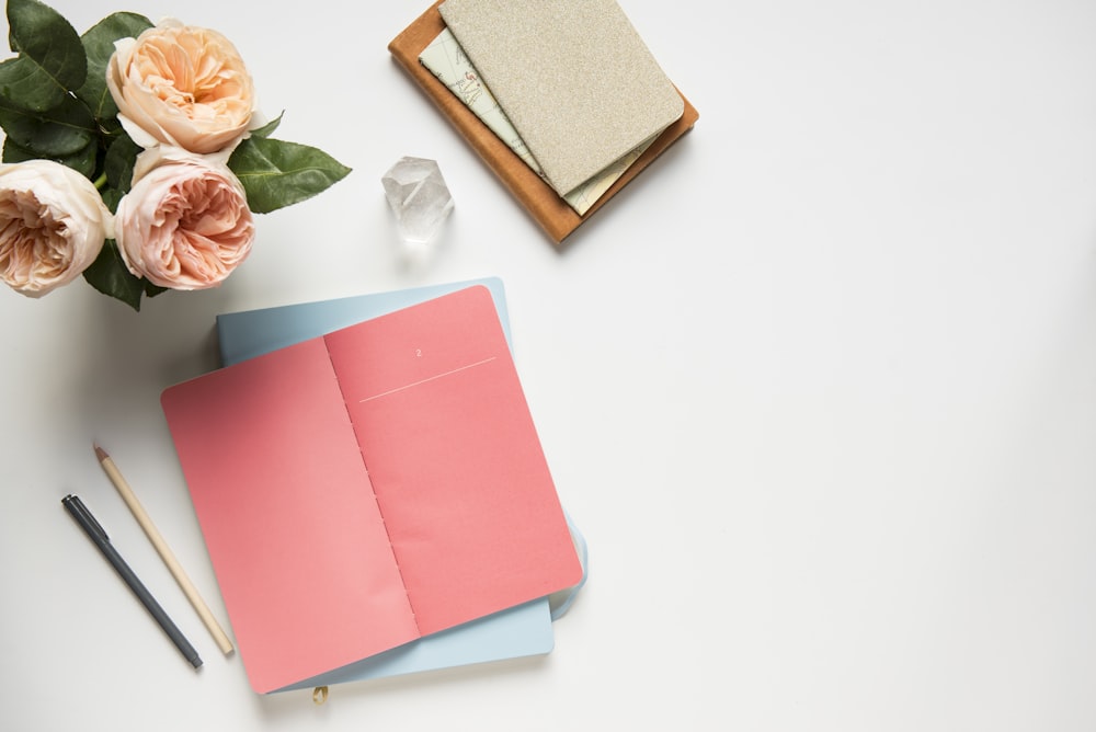 pink covered book in top view photography