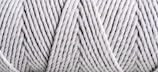Close-up view of tightly wound, light gray yarn with visible texture and patterns formed by the twisted strands.
