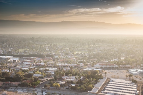 A panoramic view of a suburban area nestled within a desert landscape, with houses and buildings interspersed among palm trees. The scene is bathed in a warm golden light, typical of early morning or late afternoon, with distant mountains visible under a hazy sky.
