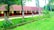 A long, single-story building with a red-tiled roof and white walls is surrounded by lush greenery. Coconut trees and a grassy lawn are in the foreground, and a dirt path runs parallel to the building. Wooden pillars are spaced evenly between the trees.