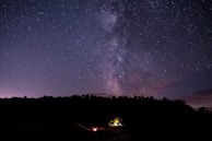 Night sky filled with stars above the canopy of the Amazon, with silhouettes of trees and a small campfire.
