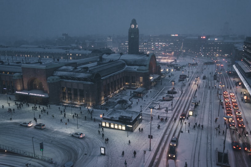 Finland streets at night covered with snow 