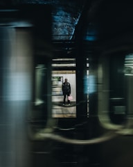 A person is standing on a subway platform, visible through the windows of a moving train. The platform is dimly lit, and there is a sign in the background. The scene is framed by the blurred motion of the train, creating a sense of speed and transit.