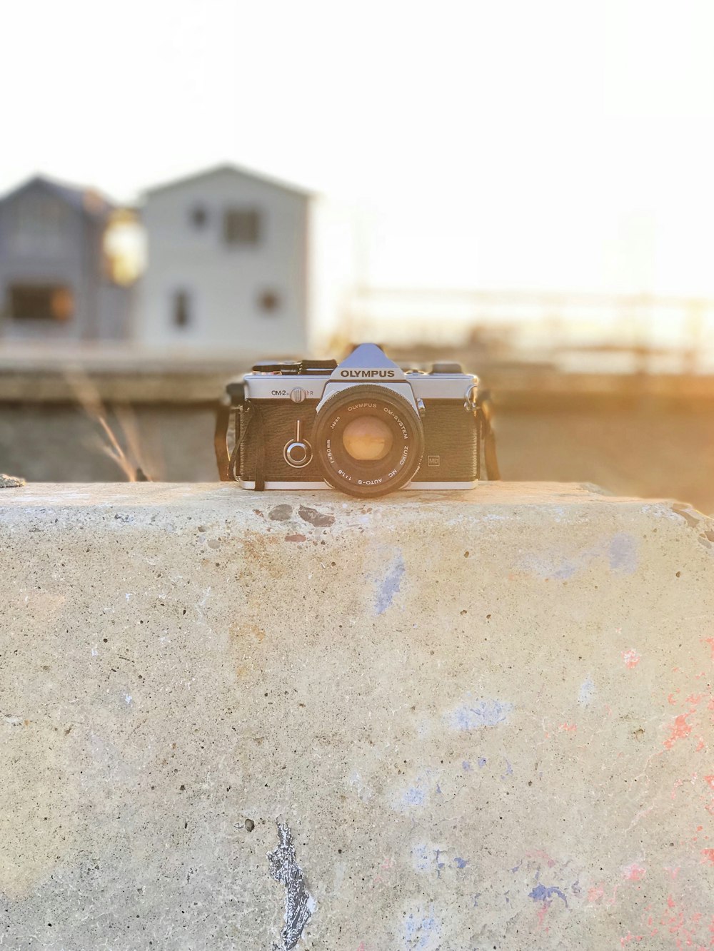 black Olympus DSLR camera on brick