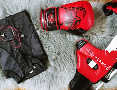 training glove, mask, and zip-up jacket