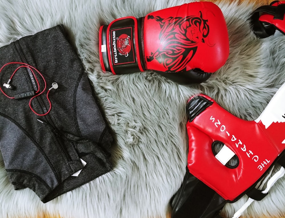 training glove, mask, and zip-up jacket