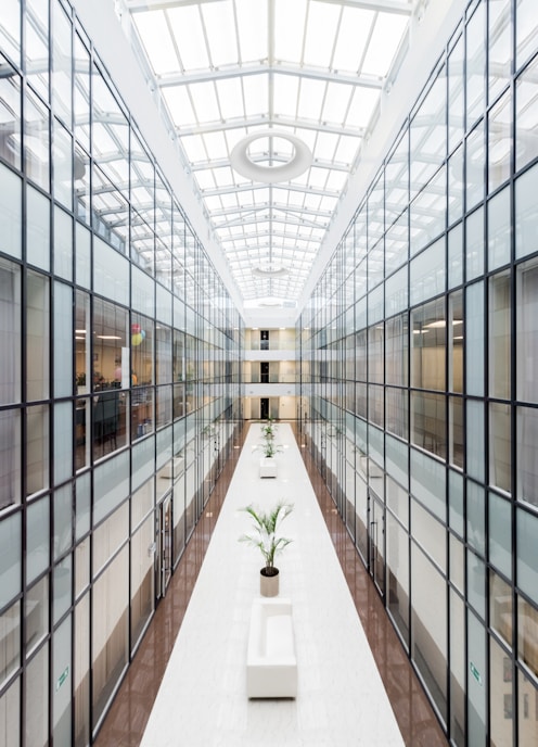 photography of glass wall hallway